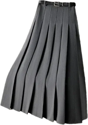 Women's High Waist A-Line Pleated Skirt - with Belt Midi Length Versatile for Office Casual Wear