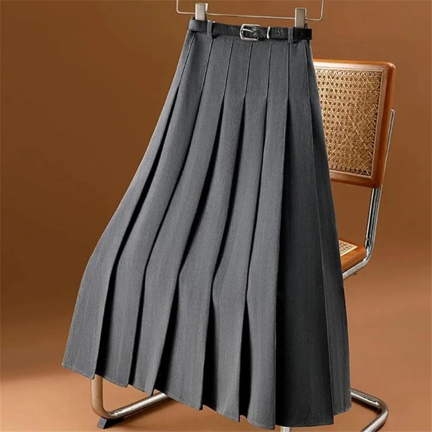 Women's High Waist A-Line Pleated Skirt - with Belt Midi Length Versatile for Office Casual Wear