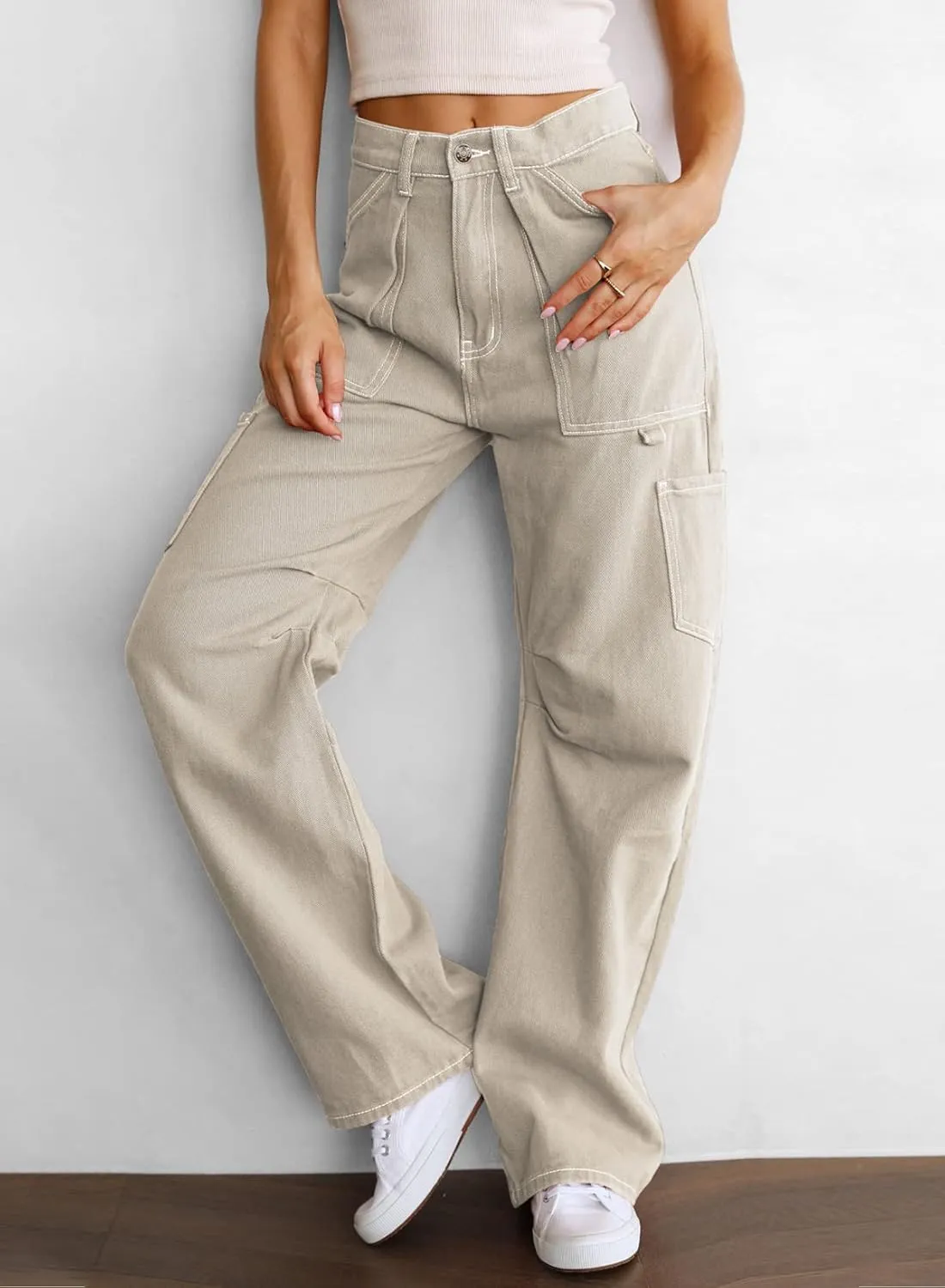 Women's High Waist Baggy Cargo Jeans Flap Pocket Relaxed Fit Straight Wide Leg Y2K Fashion Cargo Pants Boyfriend Jeans