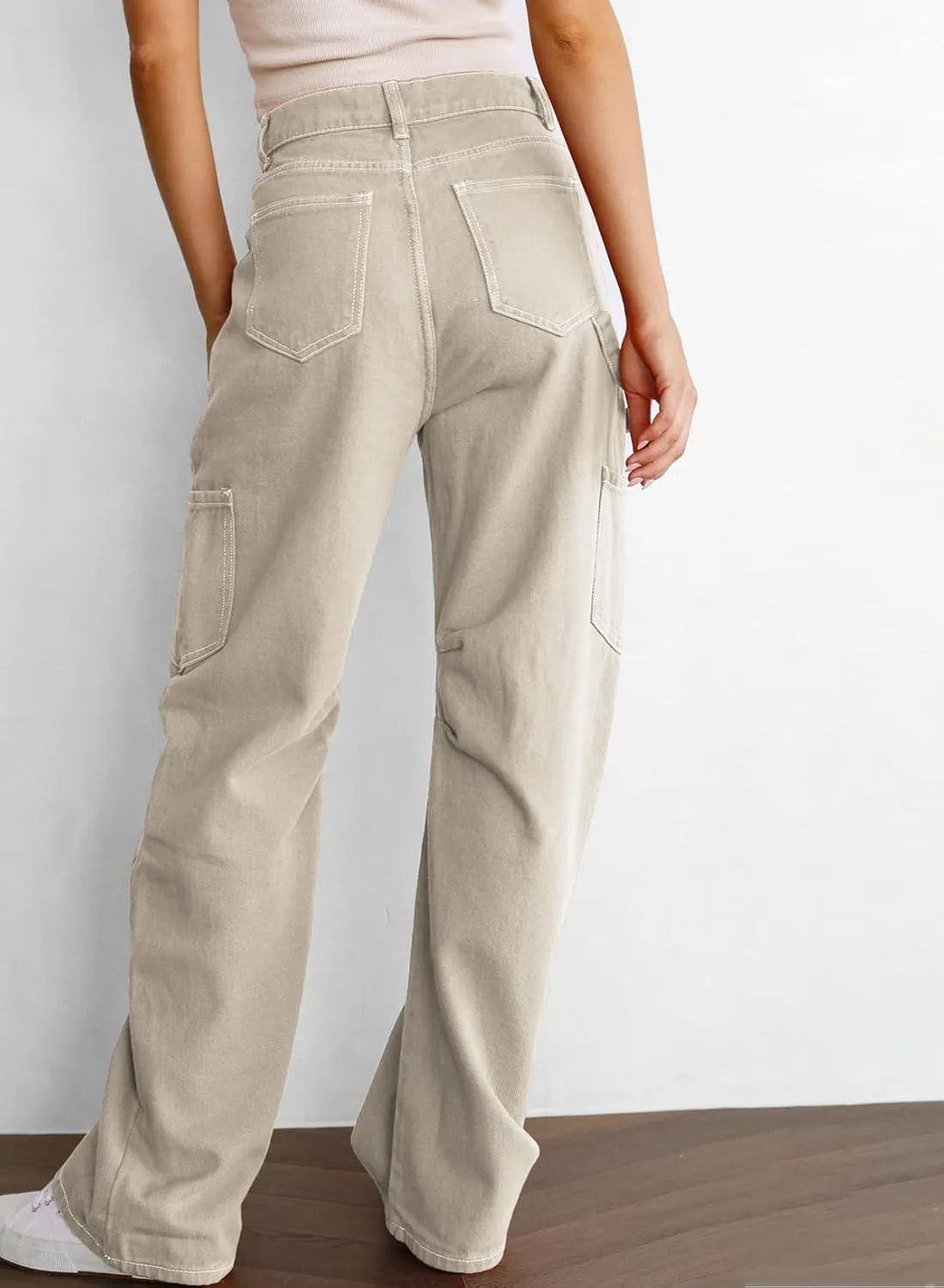 Women's High Waist Baggy Cargo Jeans Flap Pocket Relaxed Fit Straight Wide Leg Y2K Fashion Cargo Pants Boyfriend Jeans