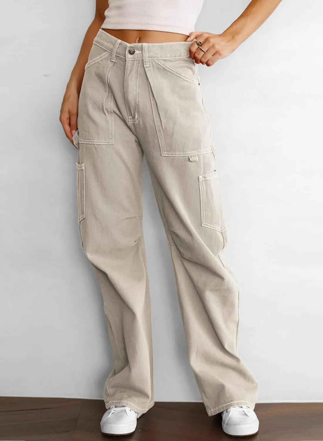 Women's High Waist Baggy Cargo Jeans Flap Pocket Relaxed Fit Straight Wide Leg Y2K Fashion Cargo Pants Boyfriend Jeans