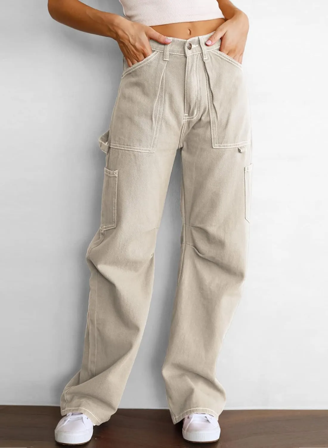 Women's High Waist Baggy Cargo Jeans Flap Pocket Relaxed Fit Straight Wide Leg Y2K Fashion Cargo Pants Boyfriend Jeans