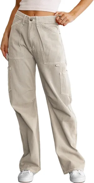 Women's High Waist Baggy Cargo Jeans Flap Pocket Relaxed Fit Straight Wide Leg Y2K Fashion Cargo Pants Boyfriend Jeans