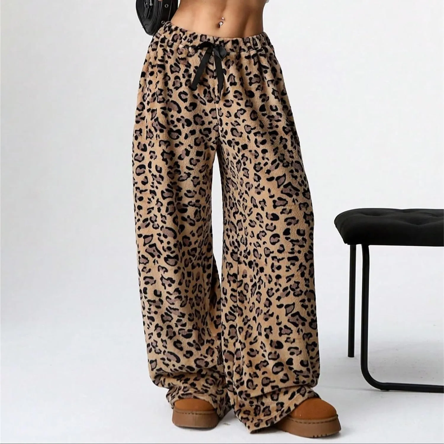 Women's Leopard Print Elastic High Waist Pockets Loose Casual Trousers Printed Pants Stylish Boyfriend Wide Leg Pants