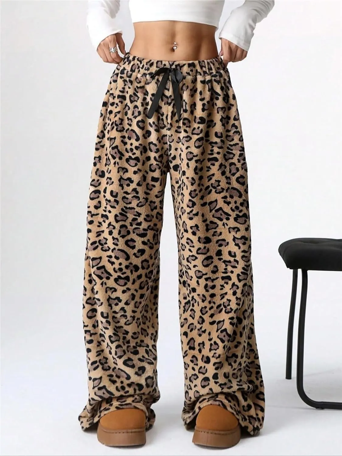 Women's Leopard Print Elastic High Waist Pockets Loose Casual Trousers Printed Pants Stylish Boyfriend Wide Leg Pants
