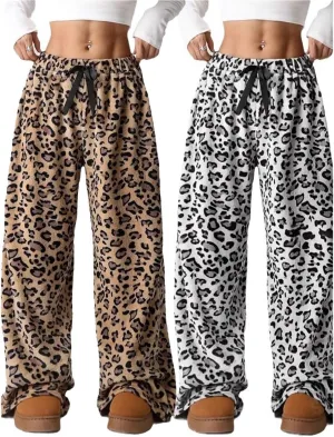Women's Leopard Print Elastic High Waist Pockets Loose Casual Trousers Printed Pants Stylish Boyfriend Wide Leg Pants