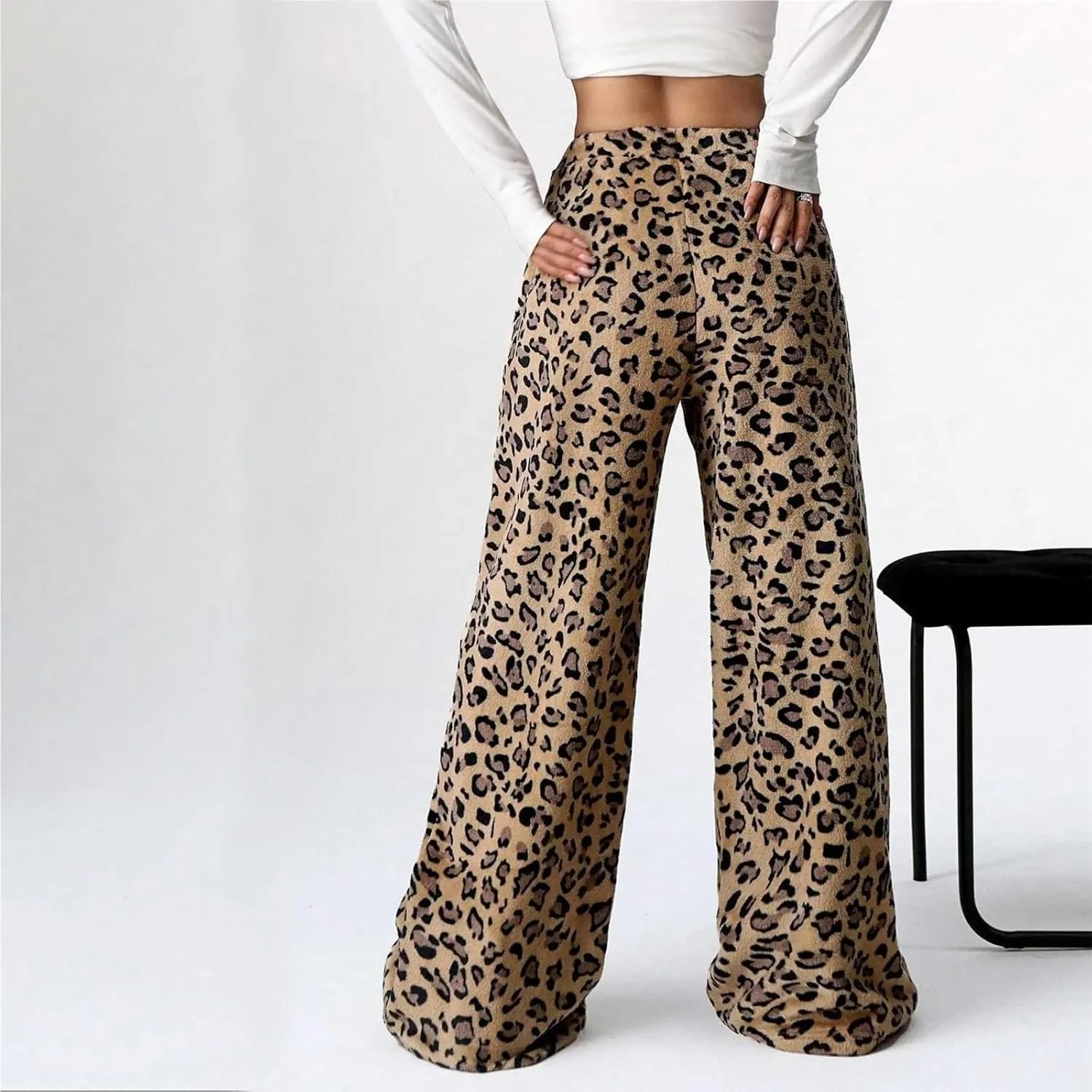 Women's Leopard Print Elastic High Waist Pockets Loose Casual Trousers Printed Pants Stylish Boyfriend Wide Leg Pants