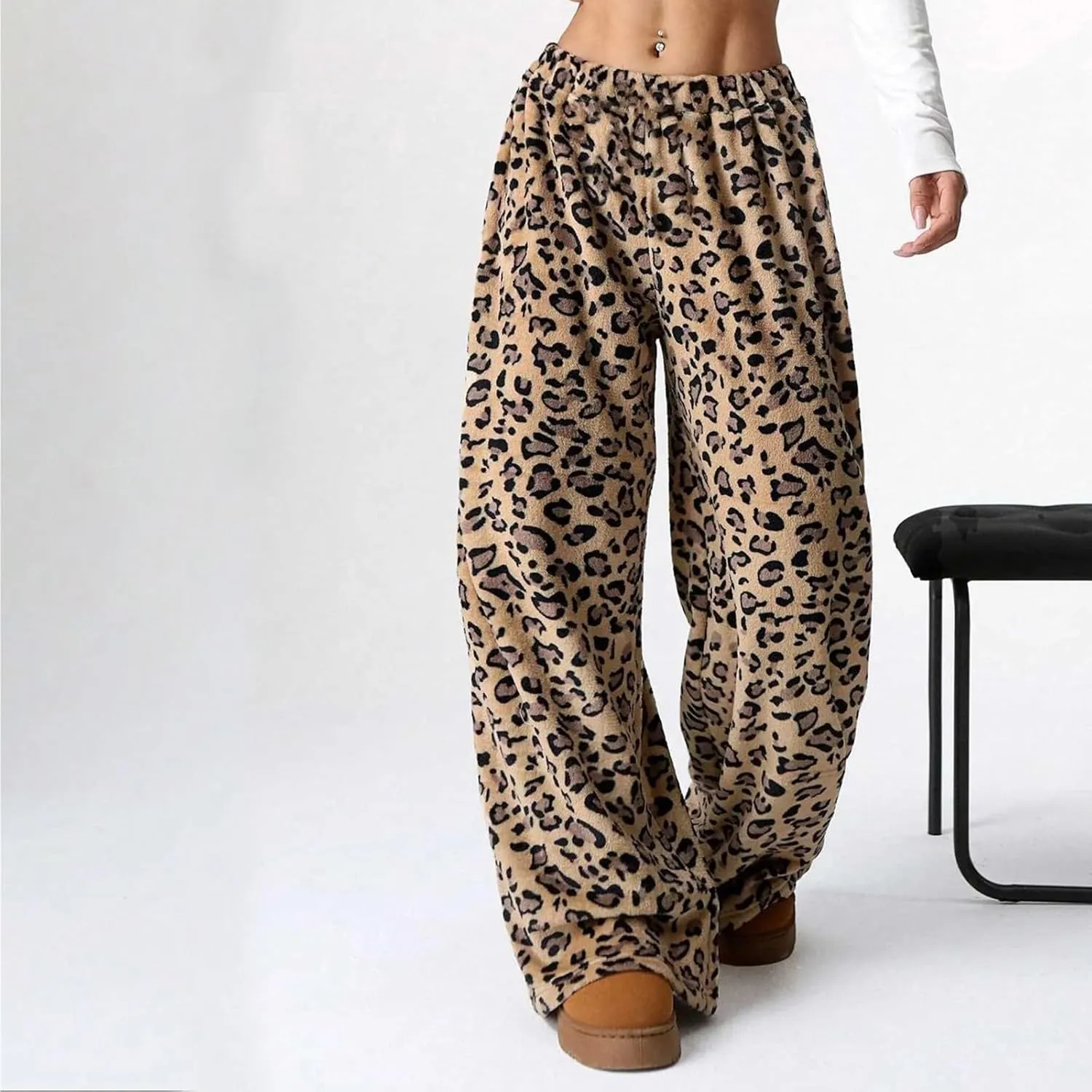 Women's Leopard Print Elastic High Waist Pockets Loose Casual Trousers Printed Pants Stylish Boyfriend Wide Leg Pants