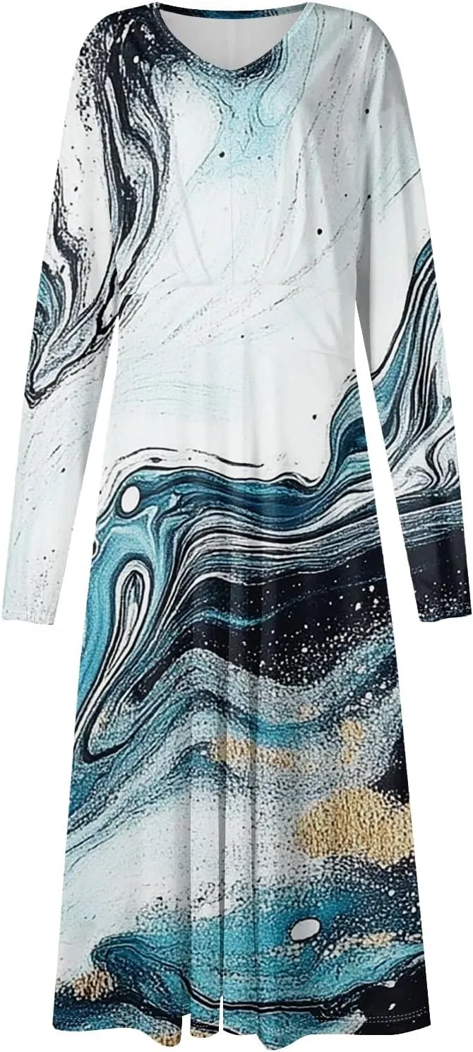 Women's Light Gradient Long Sleeve Dresses Fashion Formal V-Neck Spring Long Dress