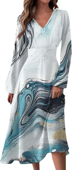 Women's Light Gradient Long Sleeve Dresses Fashion Formal V-Neck Spring Long Dress