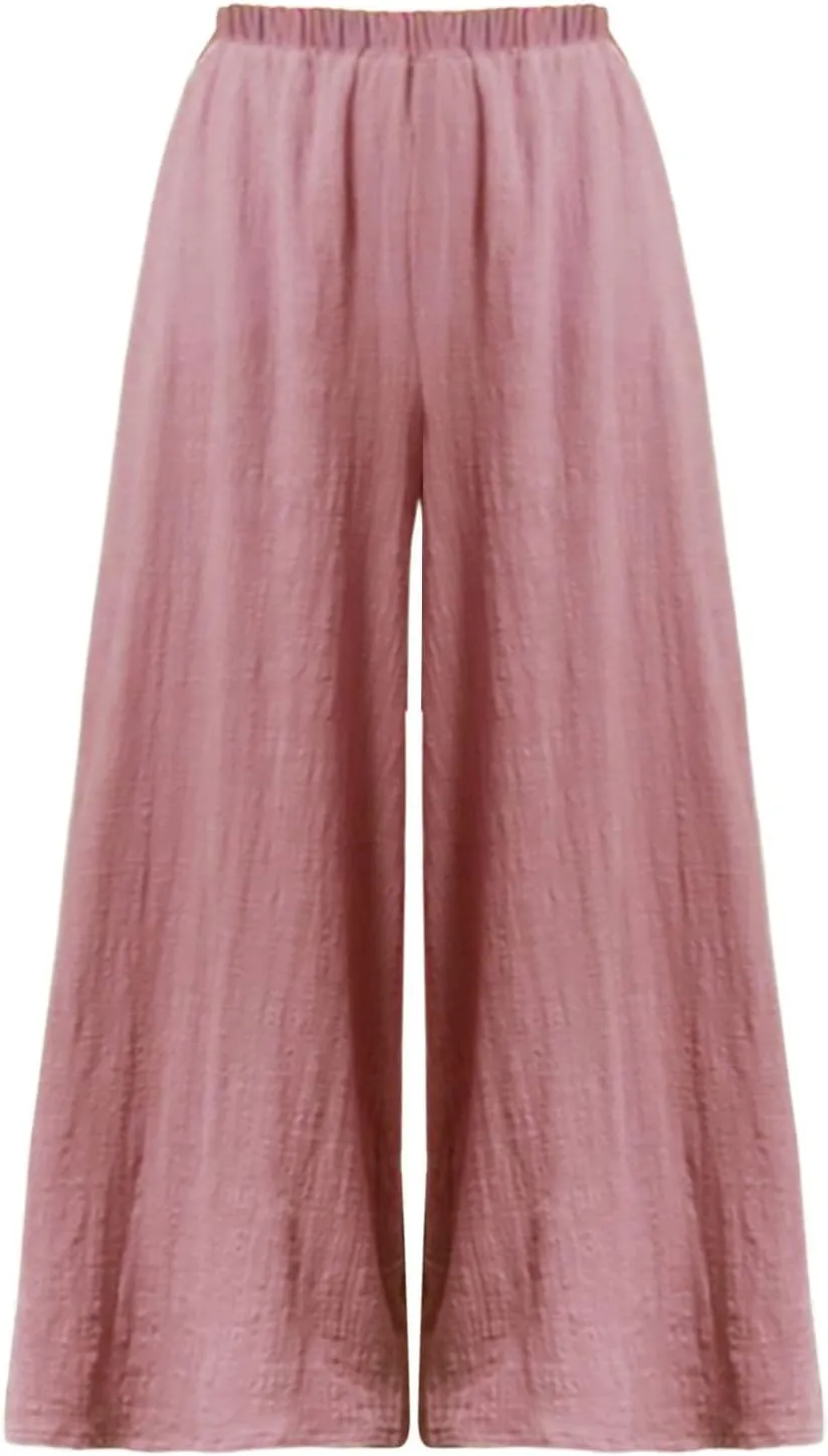 Women's Linen Summer Solid Pants Low Waist Straight Loose Fit Trousers Trendy