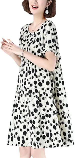 Women's Loose Printed Folds Ruffles Polka Dot Mini Dress Summer Office Lady Floral Dress