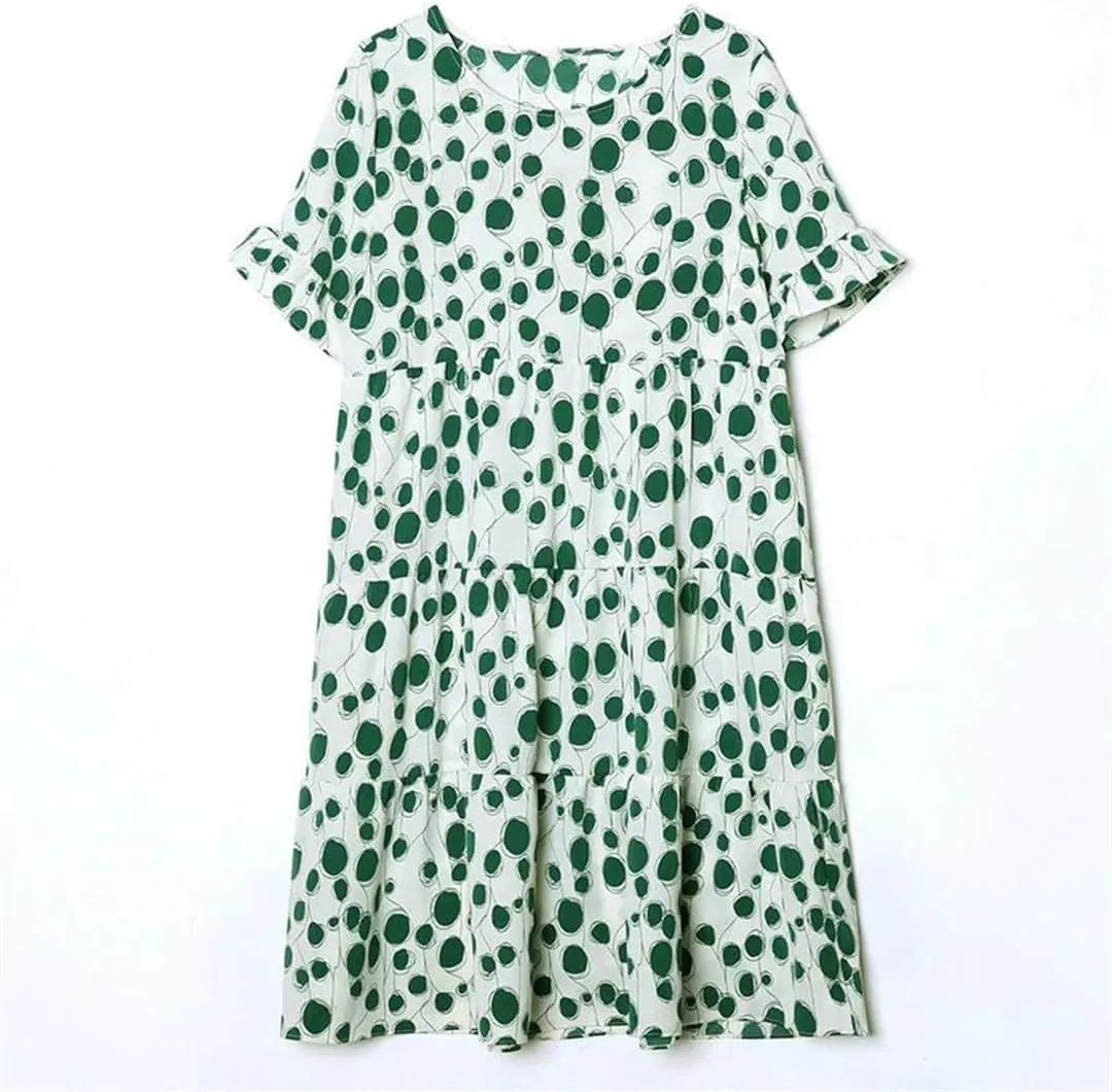 Women's Loose Printed Folds Ruffles Polka Dot Mini Dress Summer Office Lady Floral Dress