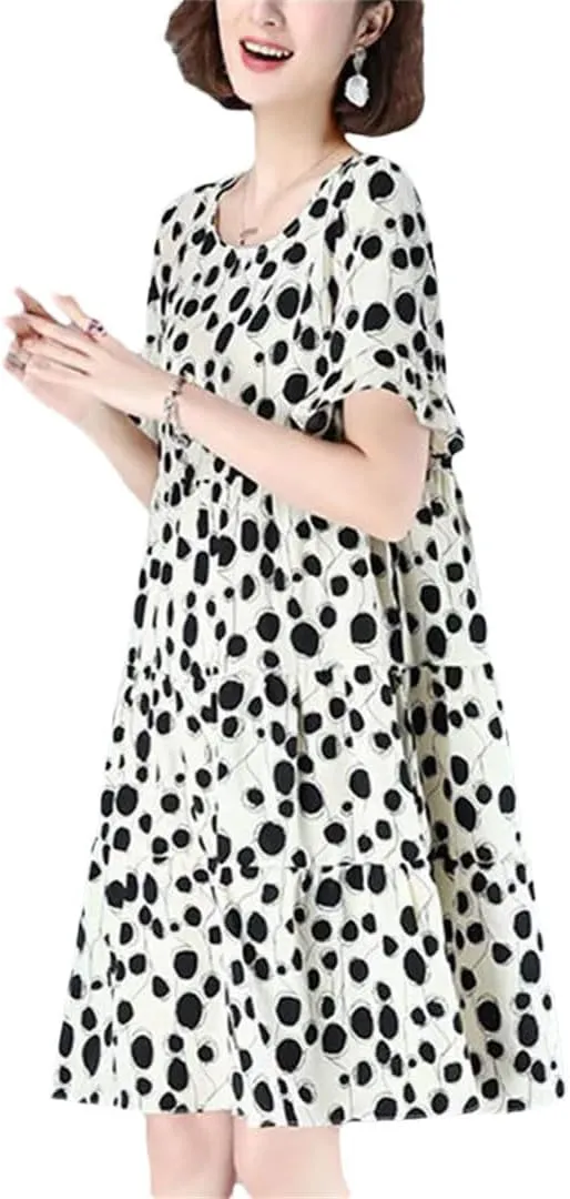 Women's Loose Printed Folds Ruffles Polka Dot Mini Dress Summer Office Lady Floral Dress