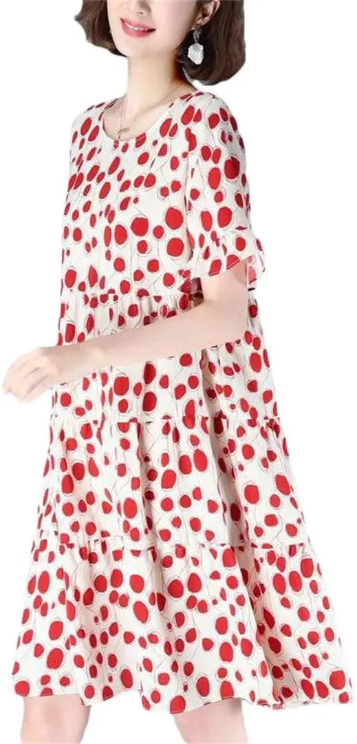 Women's Loose Printed Folds Ruffles Polka Dot Mini Dress Summer Office Lady Floral Dress