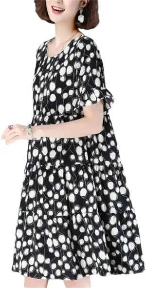 Women's Loose Printed Folds Ruffles Polka Dot Mini Dress Summer Office Lady Floral Dress