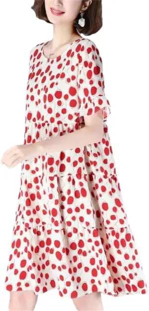 Women's Loose Printed Folds Ruffles Polka Dot Mini Dress Summer Office Lady Floral Dress