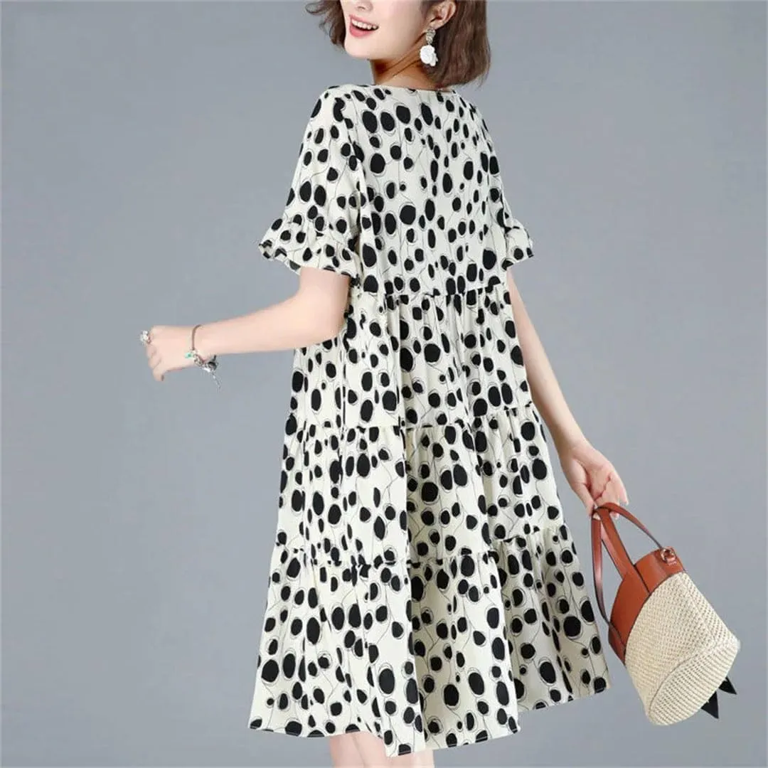 Women's Loose Printed Folds Ruffles Polka Dot Mini Dress Summer Office Lady Floral Dress
