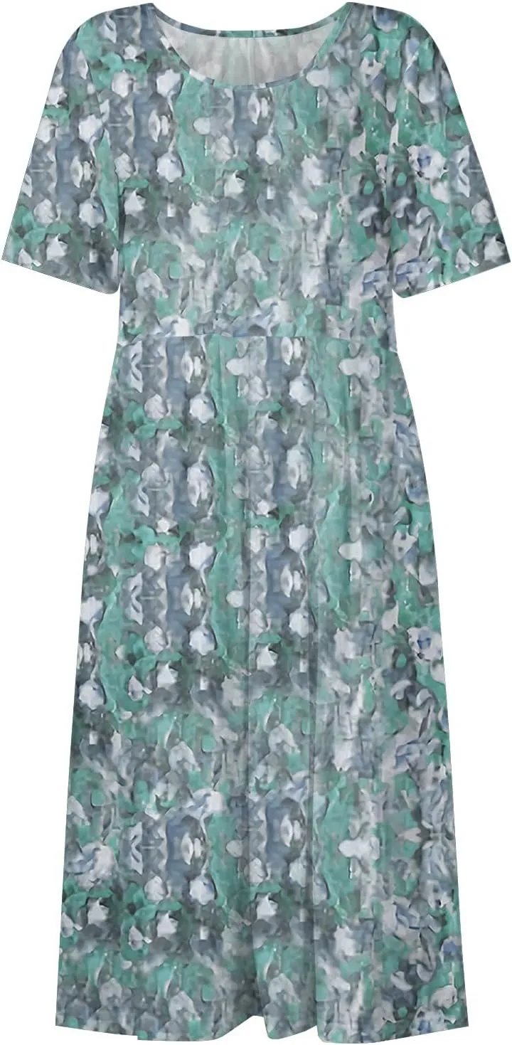 Women's Maxi Dresses 2025 Summer Casual Loose Trendy Short Sleeve Round Neck Solid Floral Printed Dress Plus Size, S-3XL