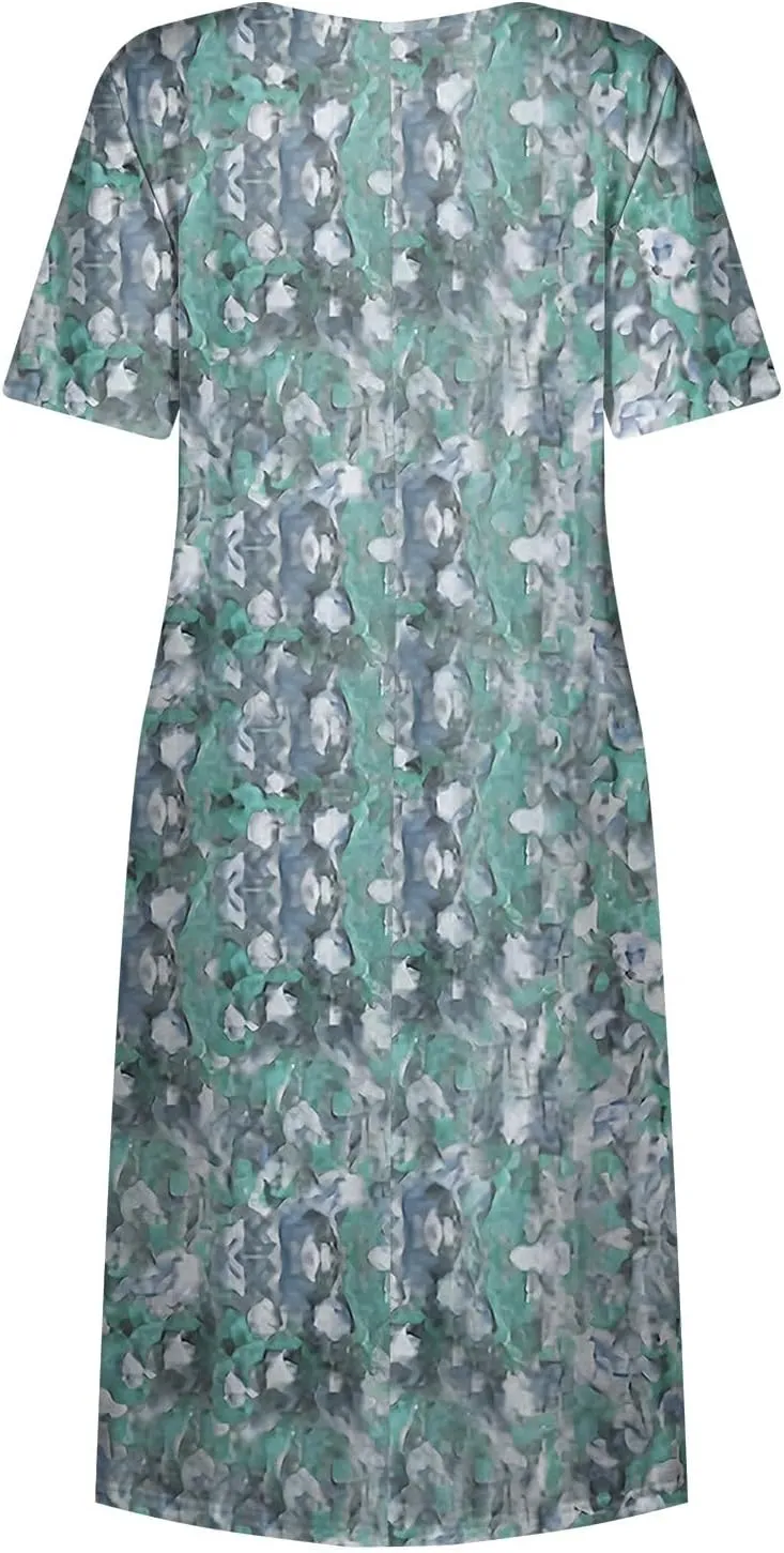 Women's Maxi Dresses 2025 Summer Casual Loose Trendy Short Sleeve Round Neck Solid Floral Printed Dress Plus Size, S-3XL