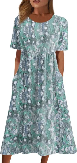 Women's Maxi Dresses 2025 Summer Casual Loose Trendy Short Sleeve Round Neck Solid Floral Printed Dress Plus Size, S-3XL