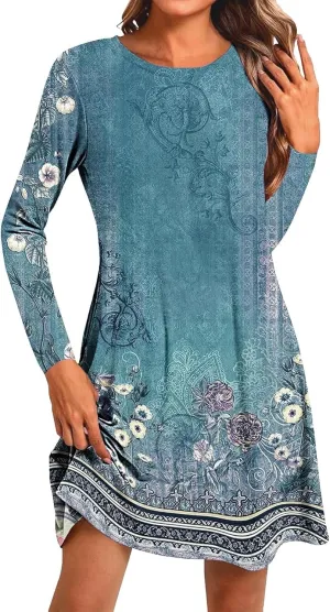 Womens Mini Dresses Casual Summer Beach Dress Vintage Boho Floral Long Sleeve Round Neck Flowy A Line Sun Dresses
