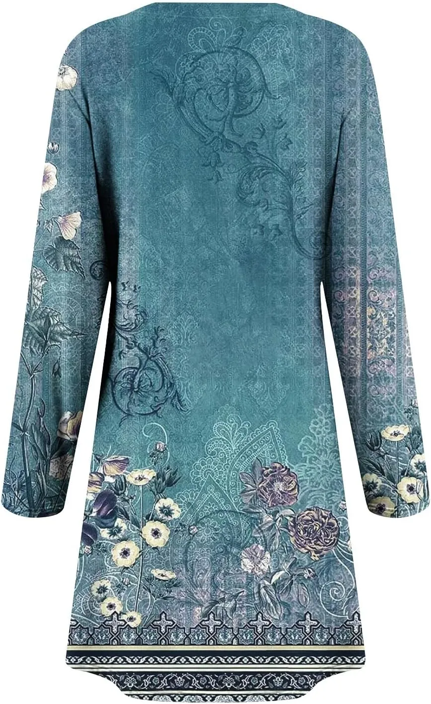 Womens Mini Dresses Casual Summer Beach Dress Vintage Boho Floral Long Sleeve Round Neck Flowy A Line Sun Dresses
