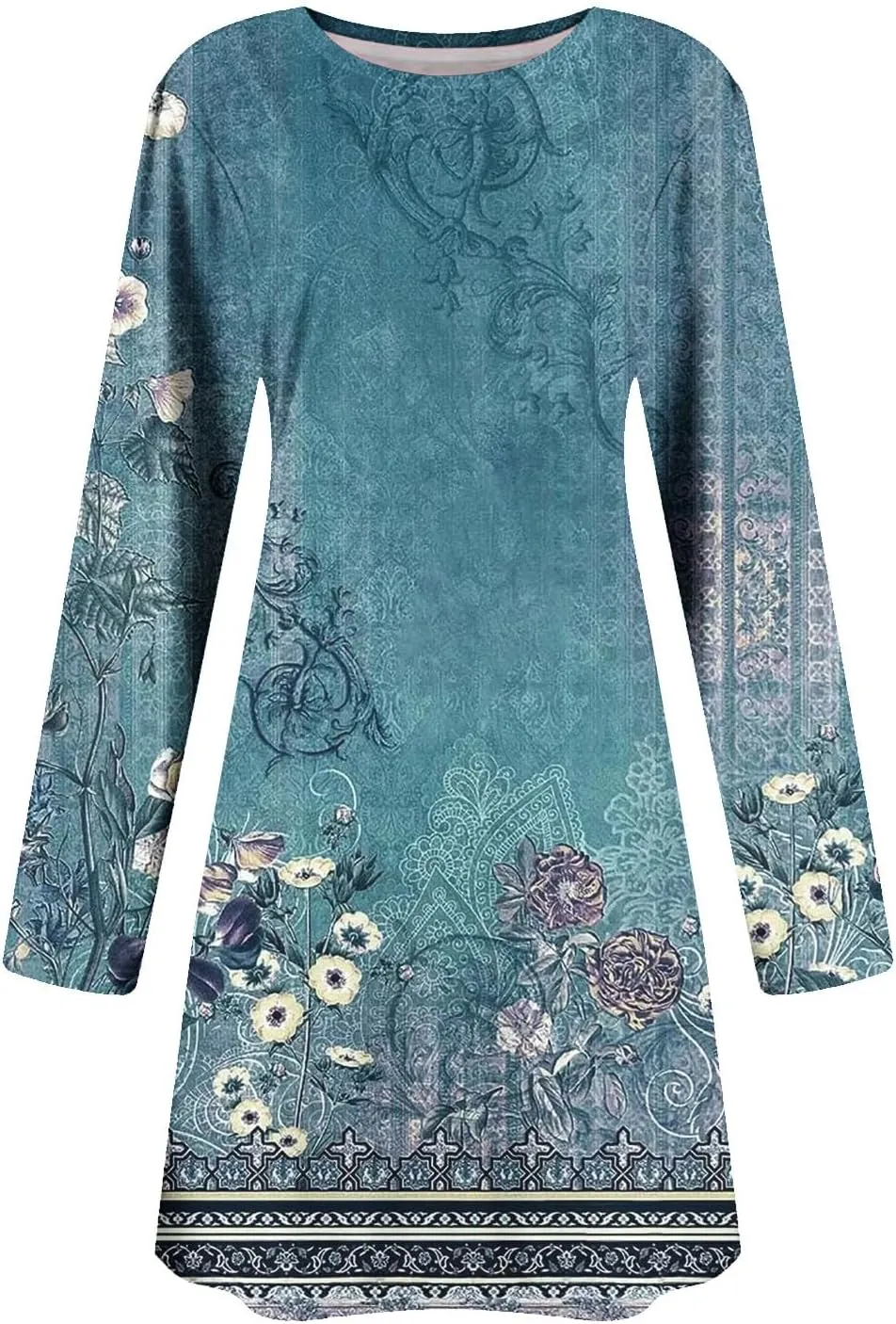 Womens Mini Dresses Casual Summer Beach Dress Vintage Boho Floral Long Sleeve Round Neck Flowy A Line Sun Dresses