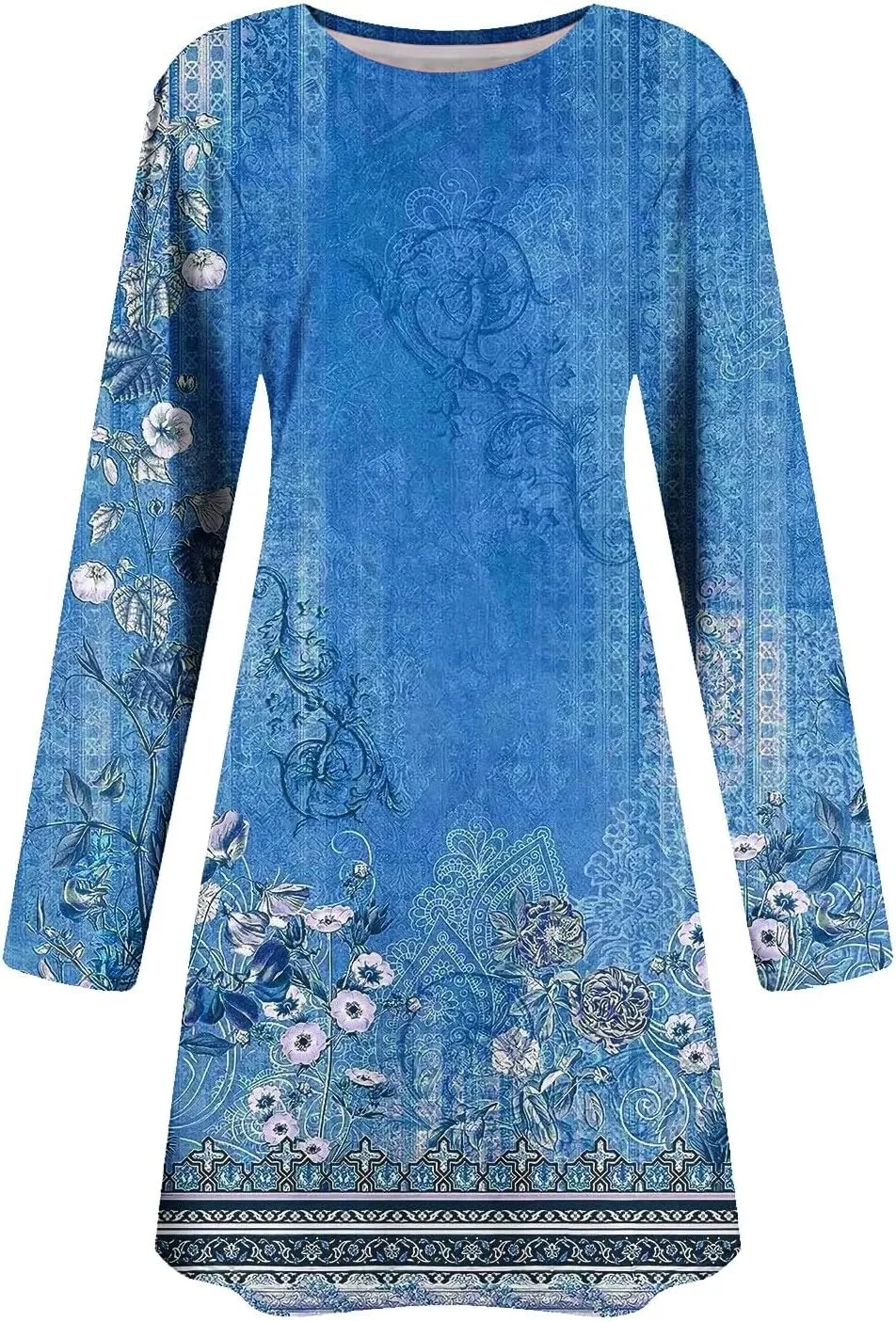 Womens Mini Dresses Casual Summer Beach Dress Vintage Boho Floral Long Sleeve Round Neck Flowy A Line Sun Dresses