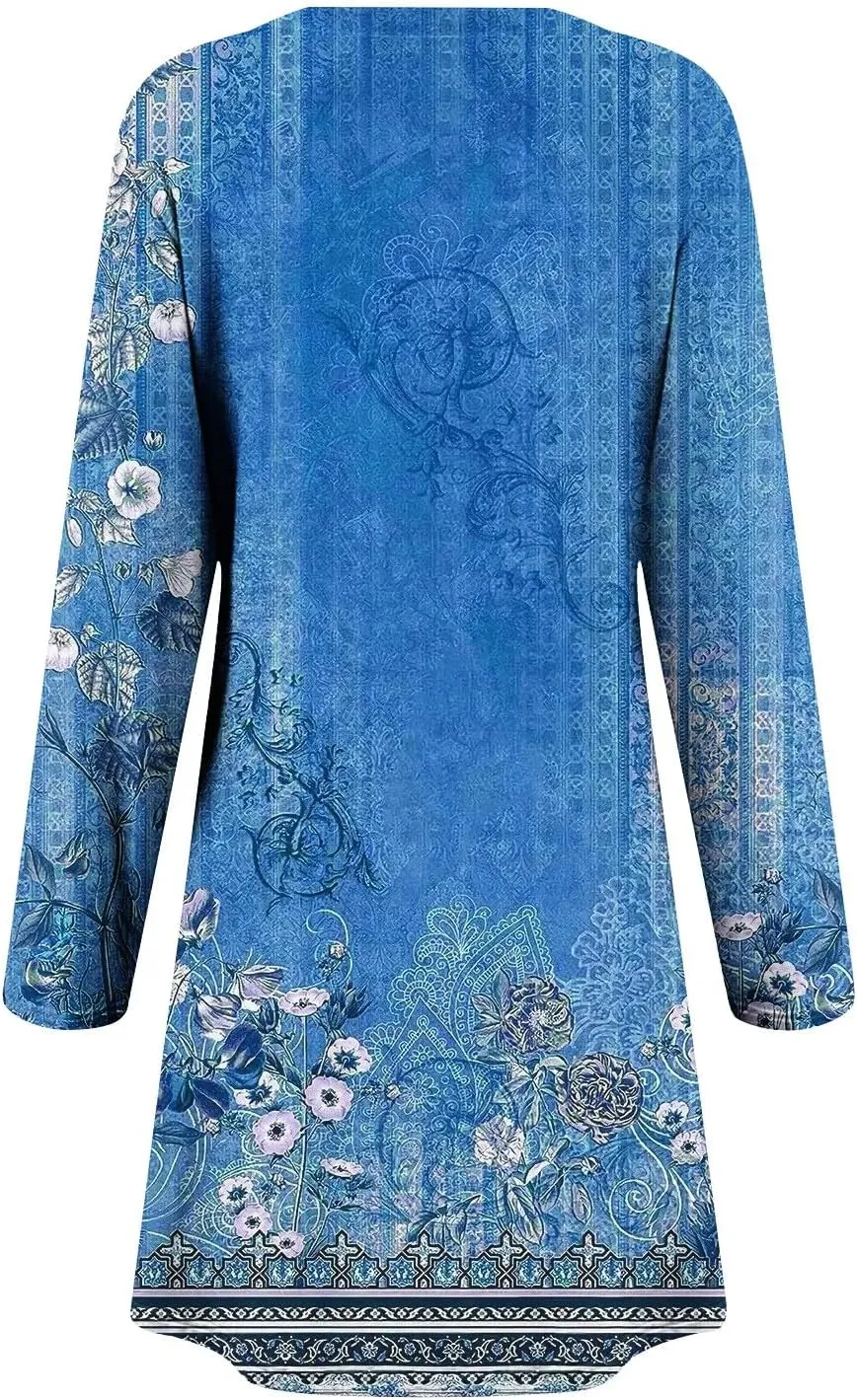 Womens Mini Dresses Casual Summer Beach Dress Vintage Boho Floral Long Sleeve Round Neck Flowy A Line Sun Dresses