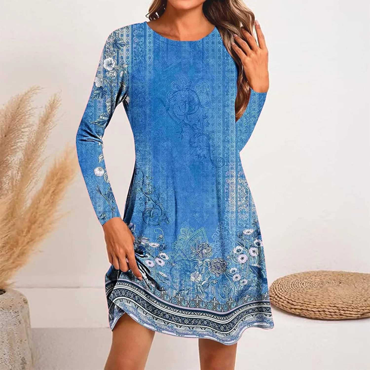 Womens Mini Dresses Casual Summer Beach Dress Vintage Boho Floral Long Sleeve Round Neck Flowy A Line Sun Dresses