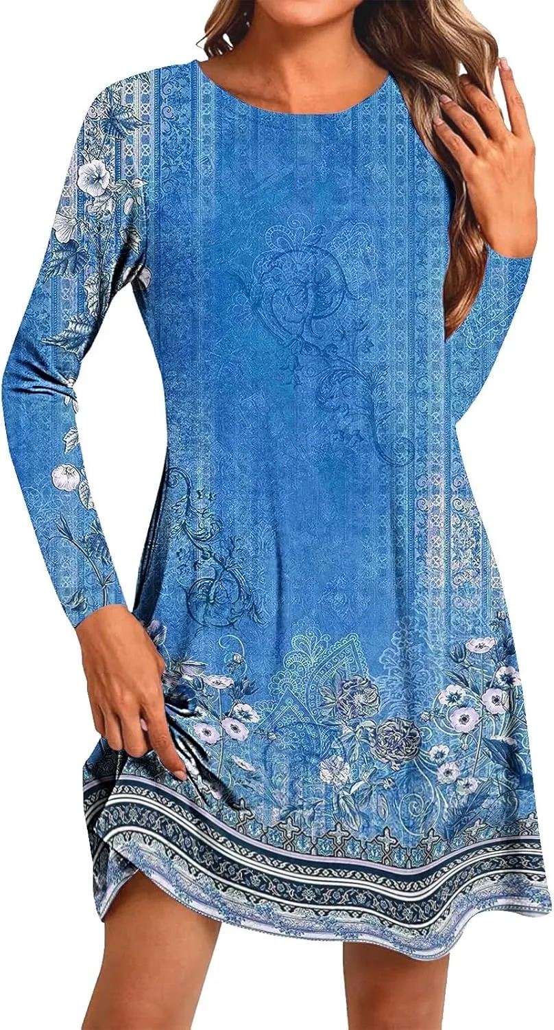 Womens Mini Dresses Casual Summer Beach Dress Vintage Boho Floral Long Sleeve Round Neck Flowy A Line Sun Dresses