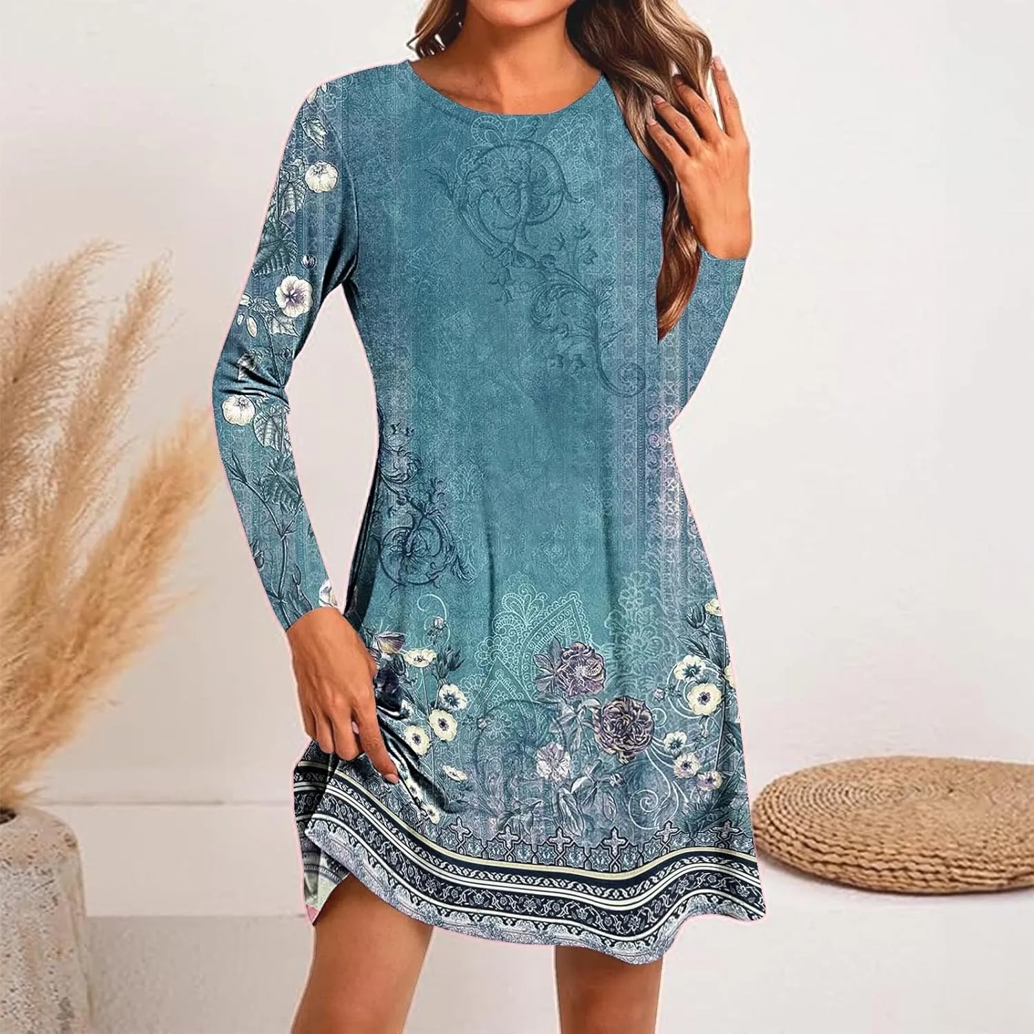 Womens Mini Dresses Casual Summer Beach Dress Vintage Boho Floral Long Sleeve Round Neck Flowy A Line Sun Dresses