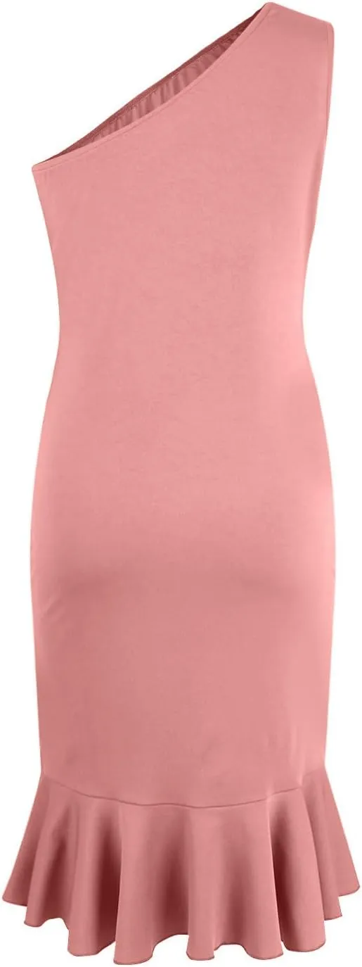 Womens One Shoulder Ruffle Formal Dress Sexy Summer Sleeveless Bodycon Ruched Wrap Split Cocktail Dresses
