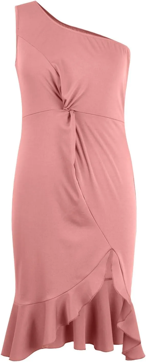 Womens One Shoulder Ruffle Formal Dress Sexy Summer Sleeveless Bodycon Ruched Wrap Split Cocktail Dresses
