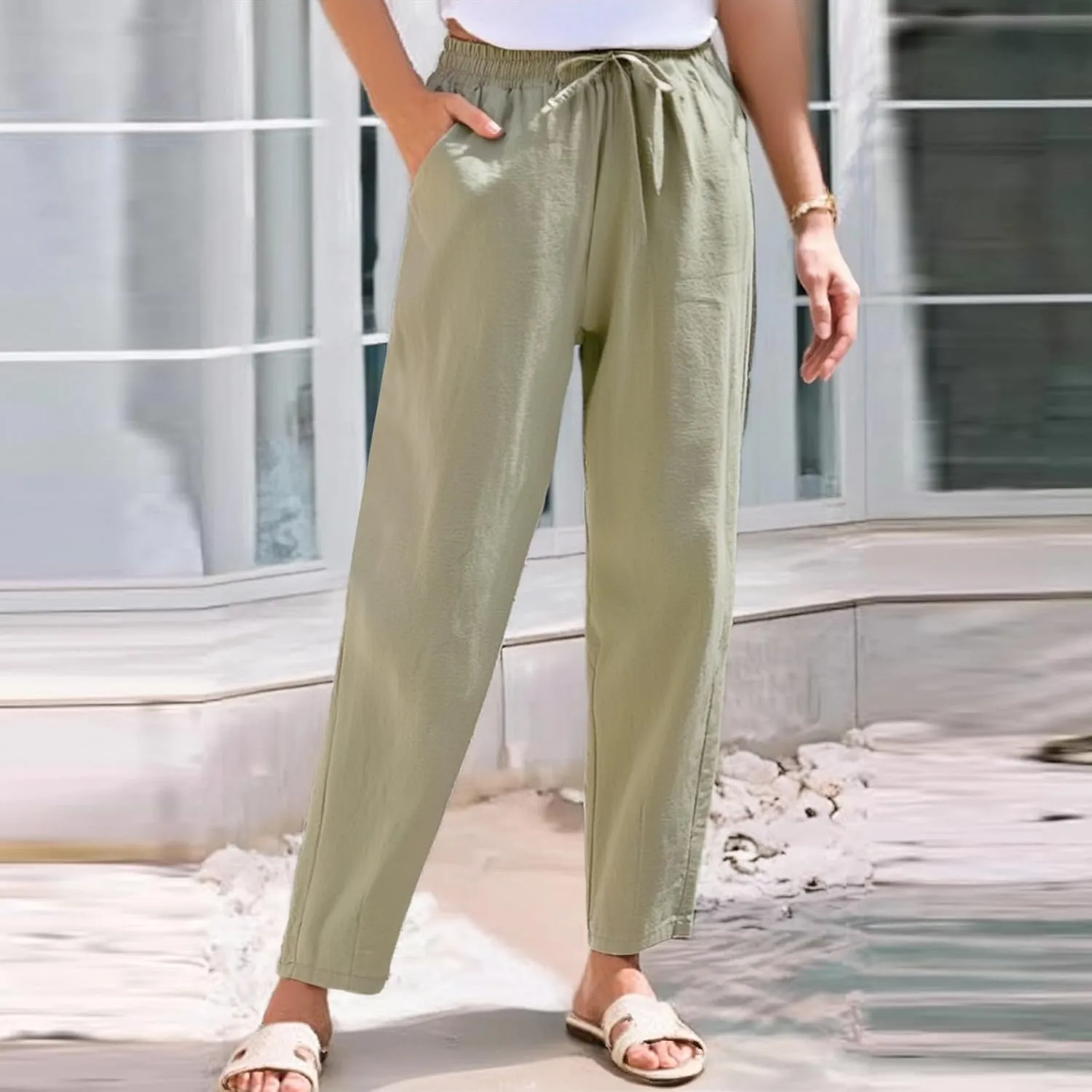 Women's Pants, Breathable Linen Casual Pants Straight Leg Peasant Trendy Cotton Drawstring