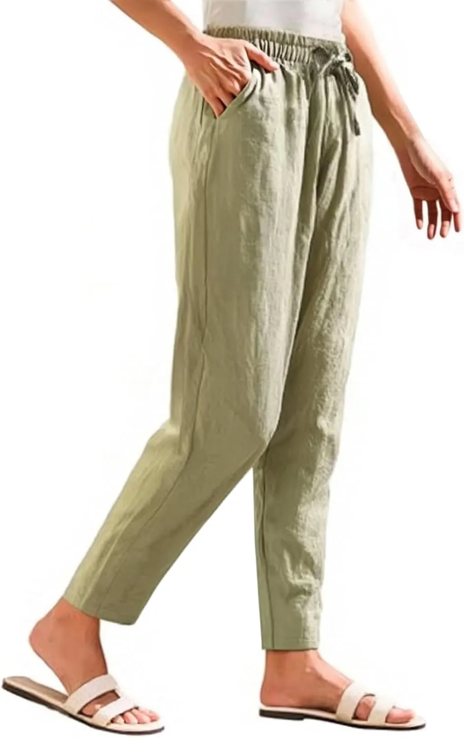 Women's Pants, Breathable Linen Casual Pants Straight Leg Peasant Trendy Cotton Drawstring