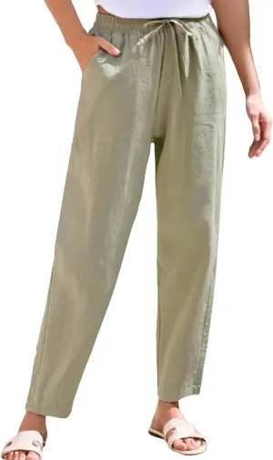 Women's Pants, Breathable Linen Casual Pants Straight Leg Peasant Trendy Cotton Drawstring