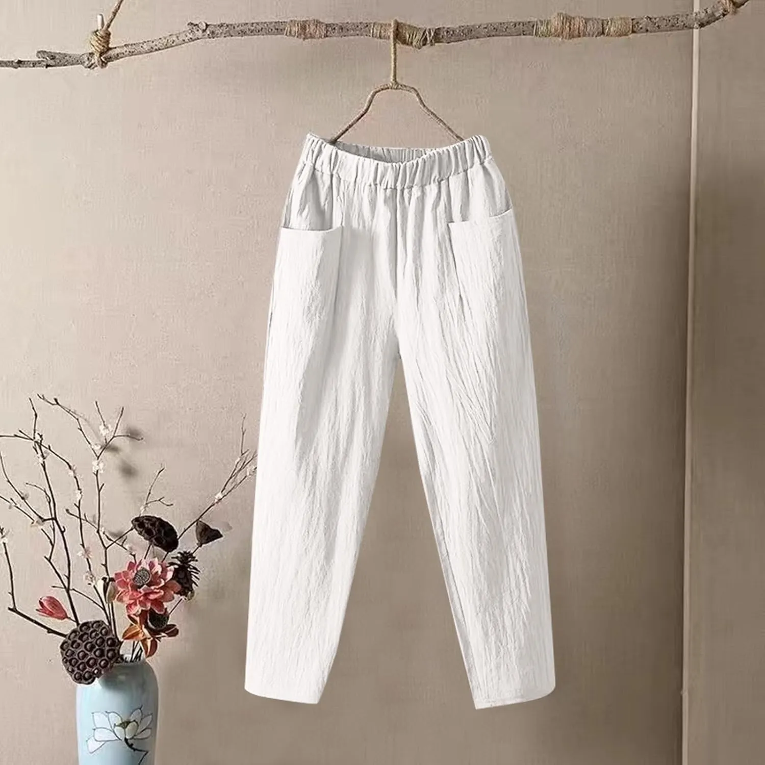 Womens Pants, Straight Leg Casual Pants Trendy Peasant Linen Baggy Stripe Lounge