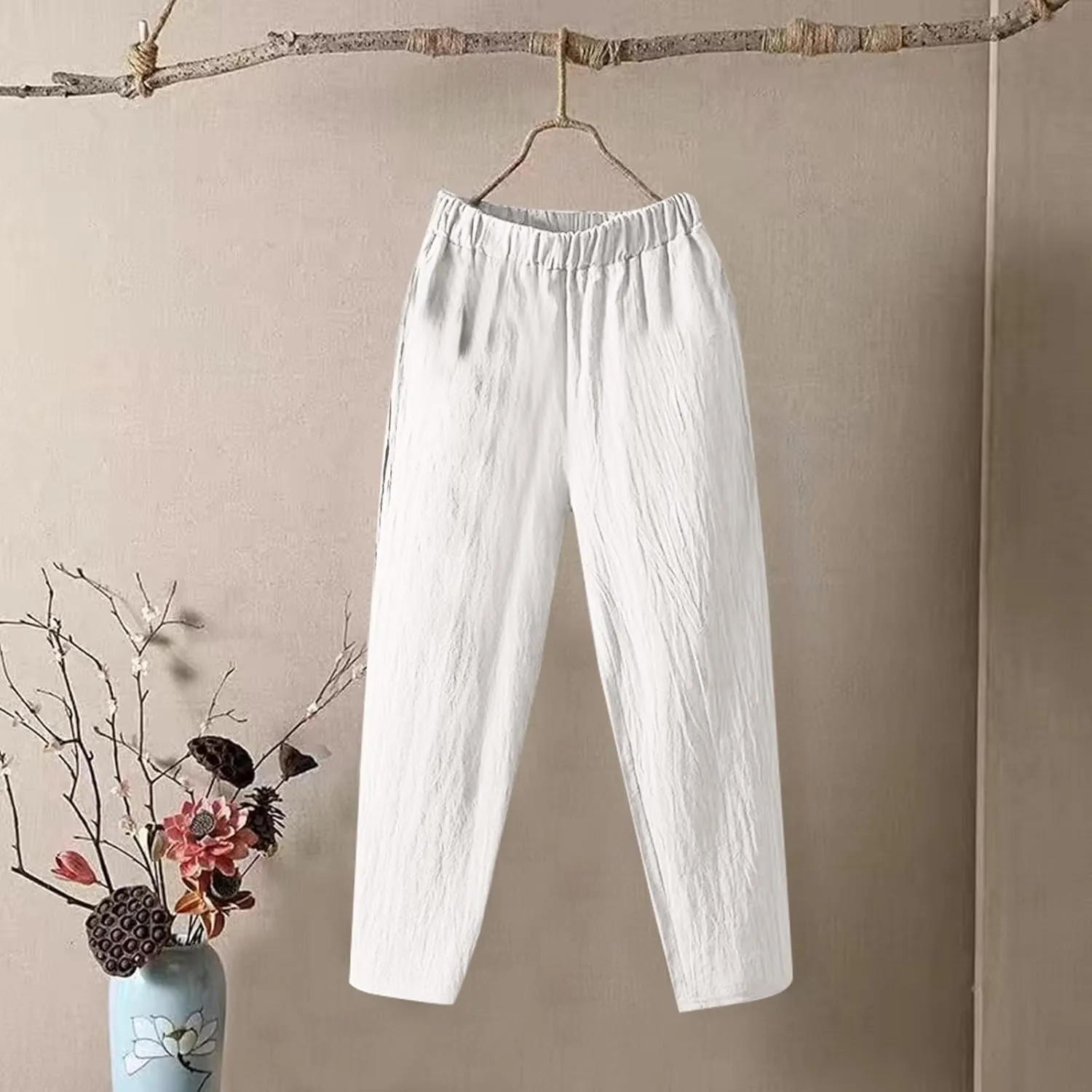 Womens Pants, Straight Leg Casual Pants Trendy Peasant Linen Baggy Stripe Lounge