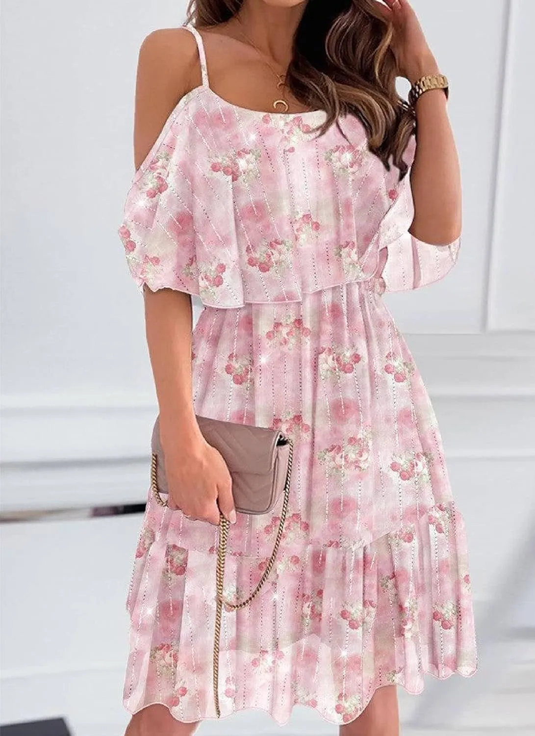 Women's Plus Size Ruffle Off Shoulder Floral Print Short Summer Dress Romantic Pink Homecoming Mini Dresses