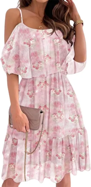 Women's Plus Size Ruffle Off Shoulder Floral Print Short Summer Dress Romantic Pink Homecoming Mini Dresses