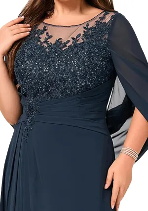 Women's Scoop Neck Mother of The Bride Chiffon Tea Length Dresses with Cape Formal Evening Gowns