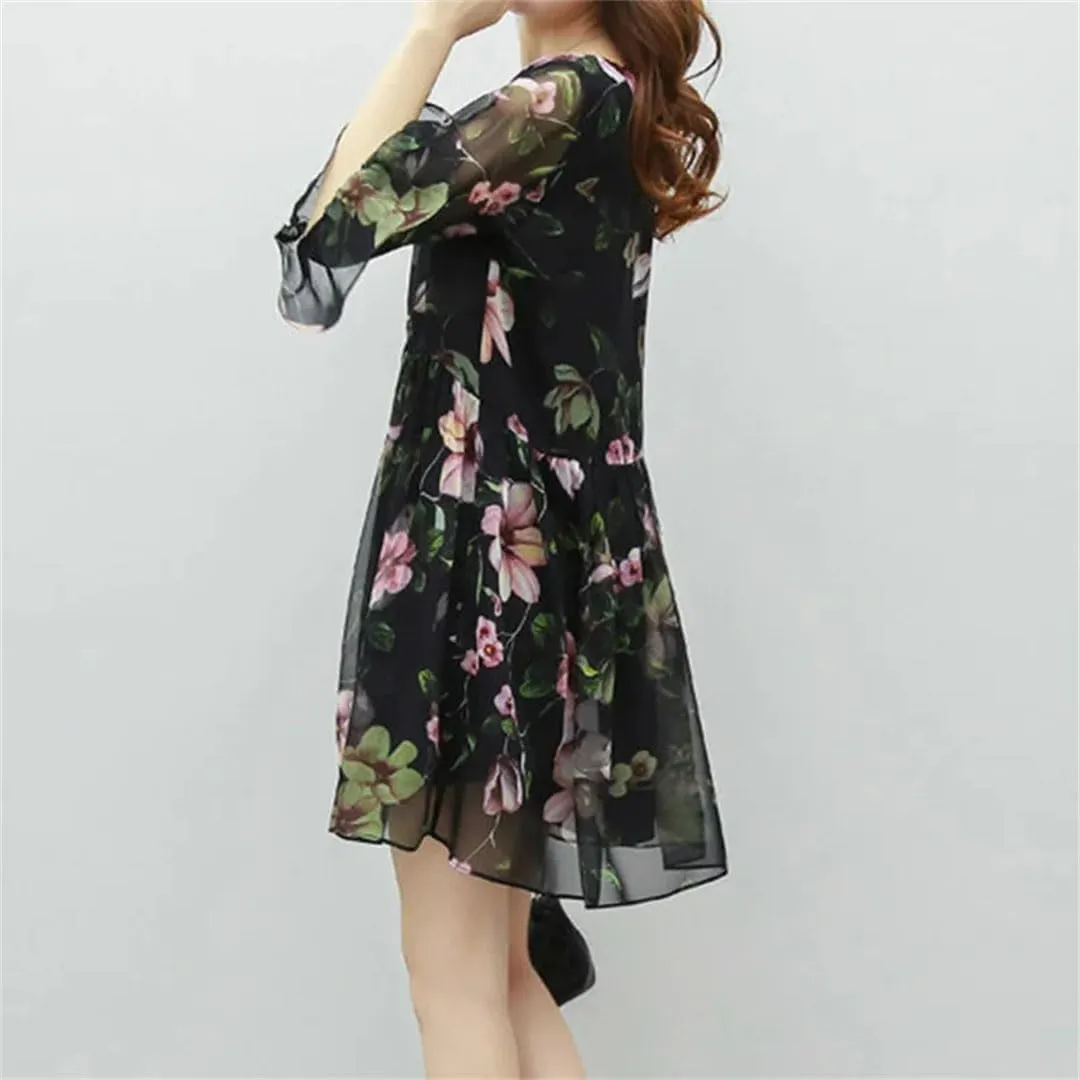 Women's Spliced Loose Printed Ruffles Mini Dress Summer Office Lady Flare Sleeve Floral Dress