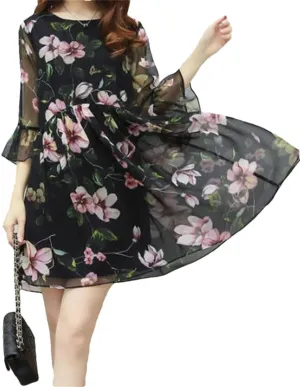 Women's Spliced Loose Printed Ruffles Mini Dress Summer Office Lady Flare Sleeve Floral Dress