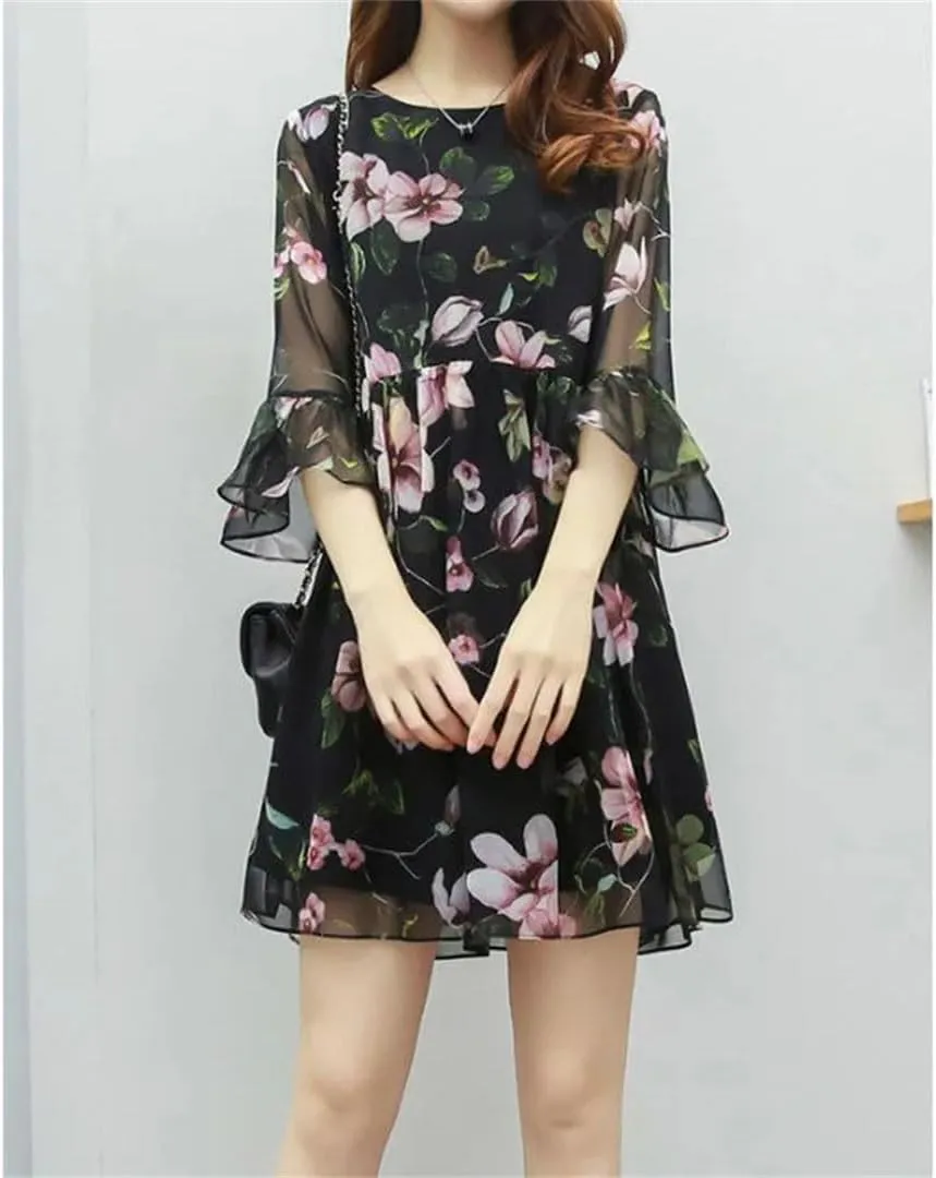 Women's Spliced Loose Printed Ruffles Mini Dress Summer Office Lady Flare Sleeve Floral Dress