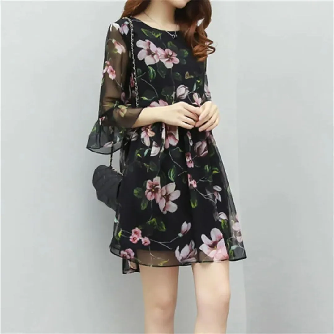 Women's Spliced Loose Printed Ruffles Mini Dress Summer Office Lady Flare Sleeve Floral Dress