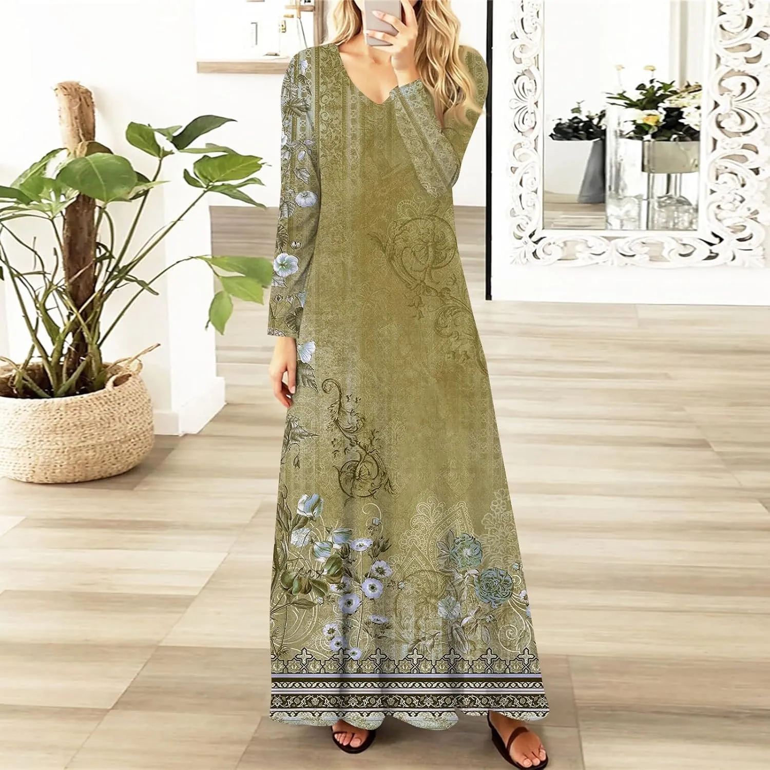 Women's Spring Pretty Sexy Long Sleeve Floral Print Dress Formal V-Neck Long Dresses