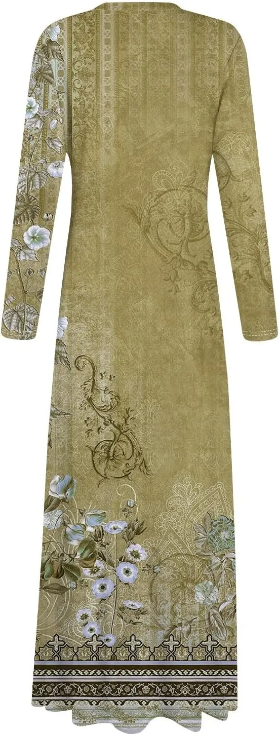 Women's Spring Pretty Sexy Long Sleeve Floral Print Dress Formal V-Neck Long Dresses