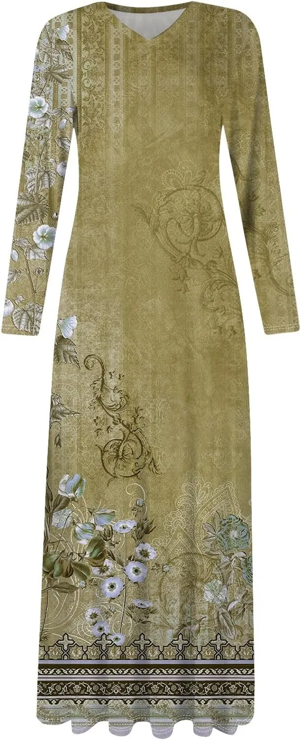 Women's Spring Pretty Sexy Long Sleeve Floral Print Dress Formal V-Neck Long Dresses